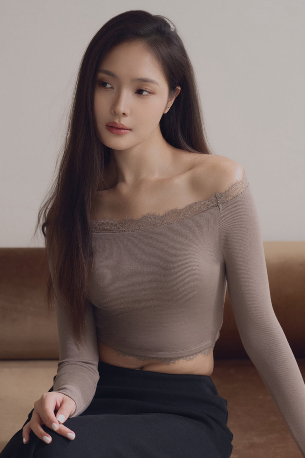 Elegant Rib Lace Trim Off-Shoulder Long Sleeve Bra Top