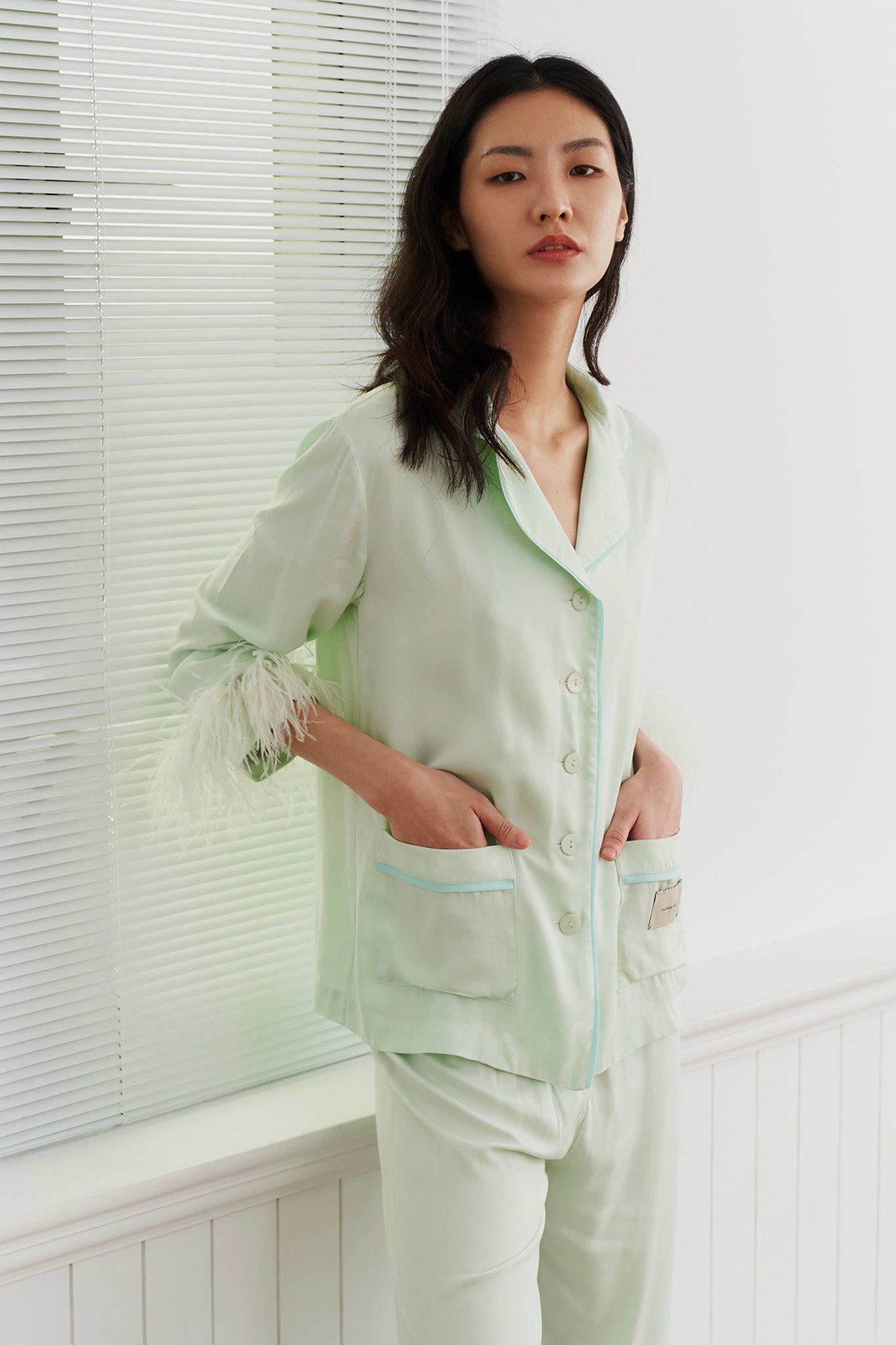 Feather-Trimmed Pajama Set