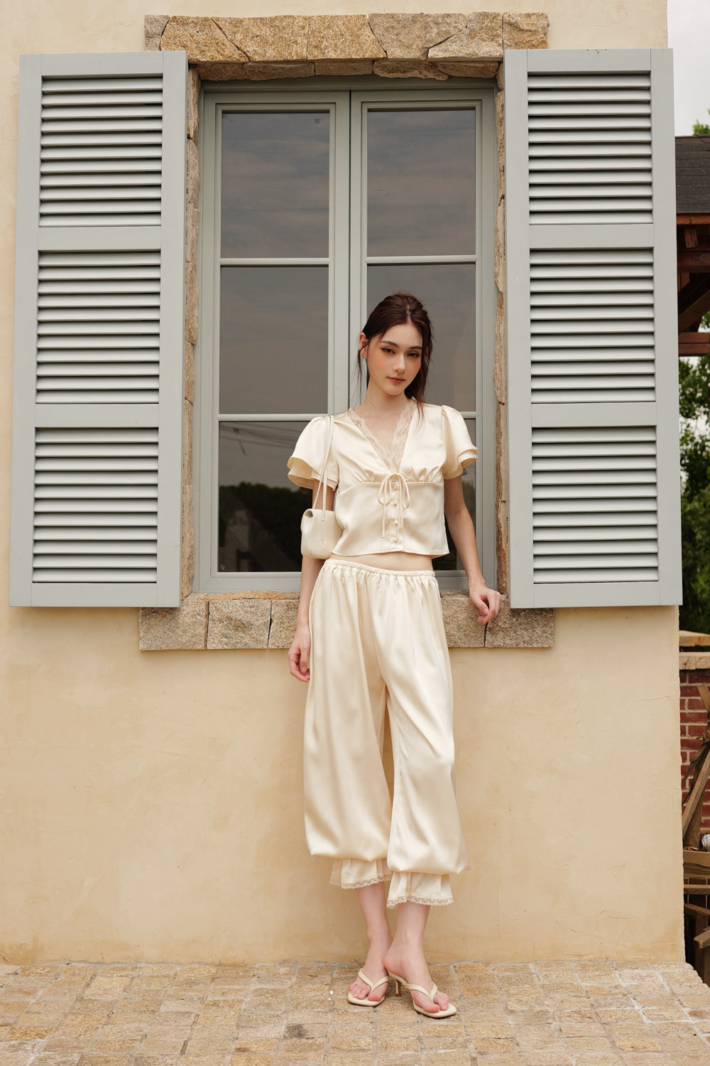 Satin Lace-Trimmed Tie-Front Short Sleeve Top